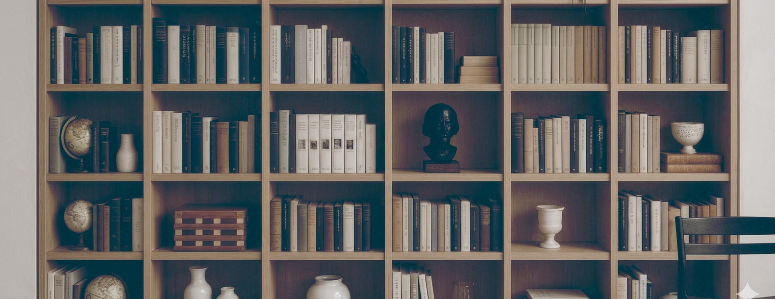 Close-up photo of a bookshelf with old books.